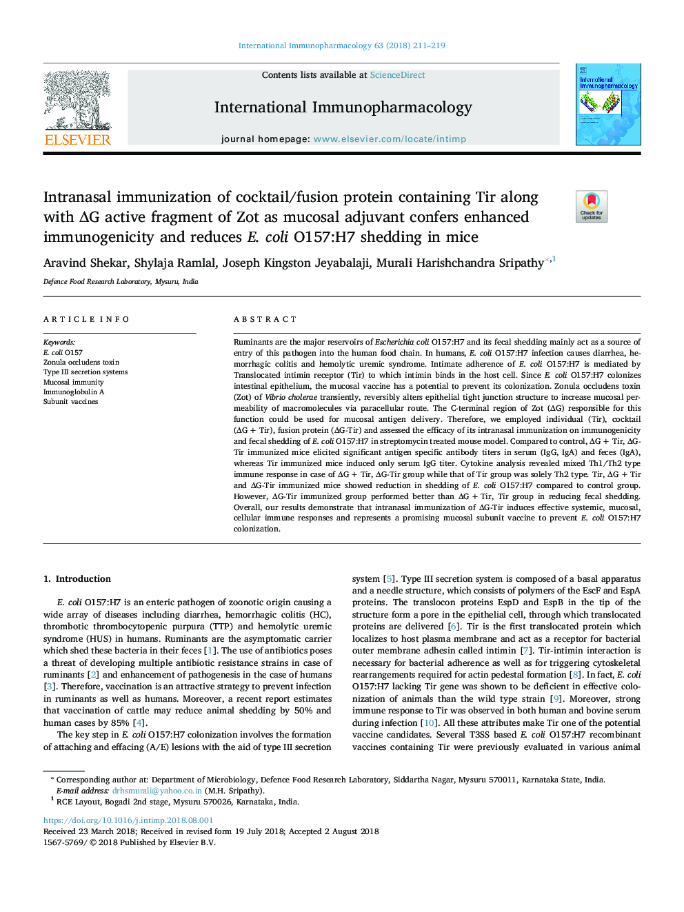 Intranasal immunization of cocktail/fusion protein containing Tir along with ÎG active fragment of Zot as mucosal adjuvant confers enhanced immunogenicity and reduces E. coli O157:H7 shedding in mice