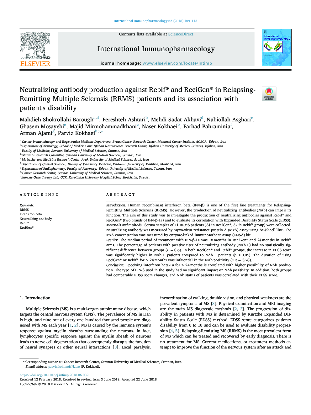 Neutralizing antibody production against Rebif® and ReciGen® in Relapsing-Remitting Multiple Sclerosis (RRMS) patients and its association with patient's disability