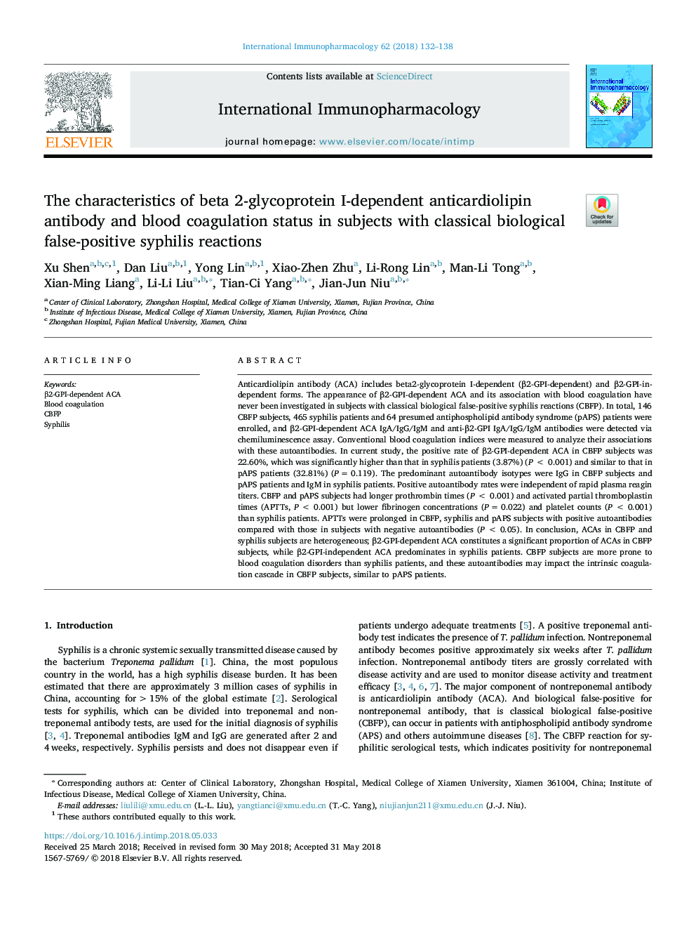 The characteristics of beta 2-glycoprotein I-dependent anticardiolipin antibody and blood coagulation status in subjects with classical biological false-positive syphilis reactions