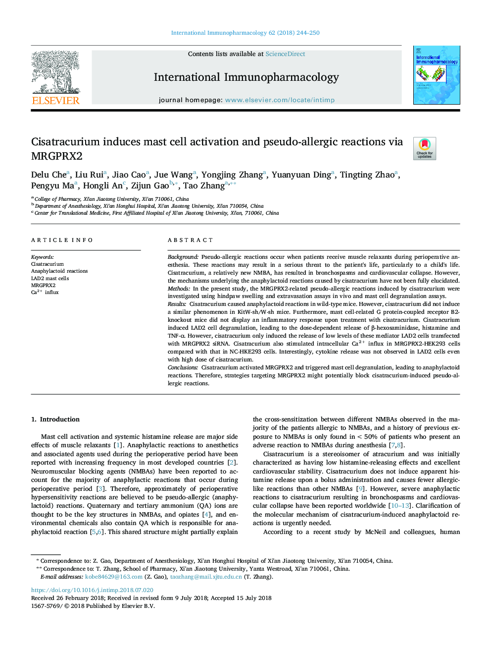 Cisatracurium induces mast cell activation and pseudo-allergic reactions via MRGPRX2