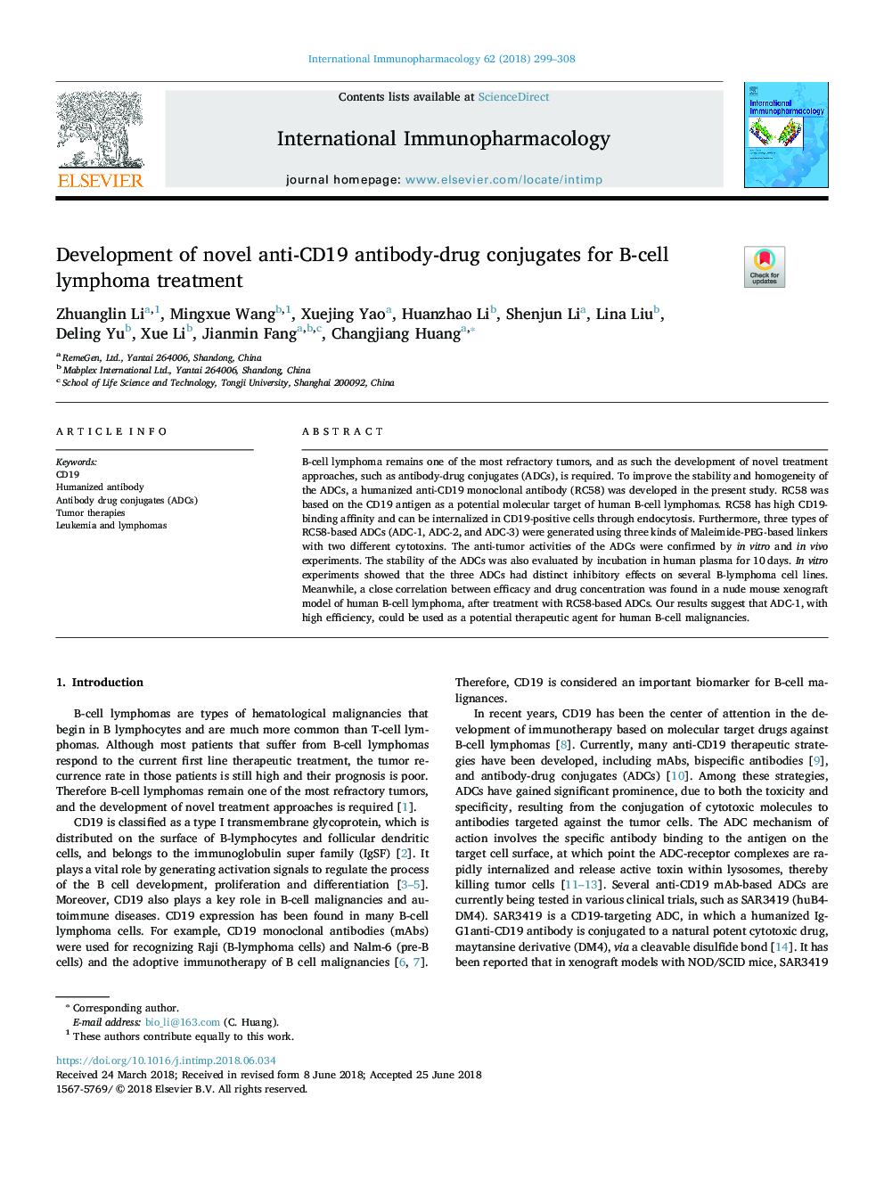 Development of novel anti-CD19 antibody-drug conjugates for B-cell lymphoma treatment