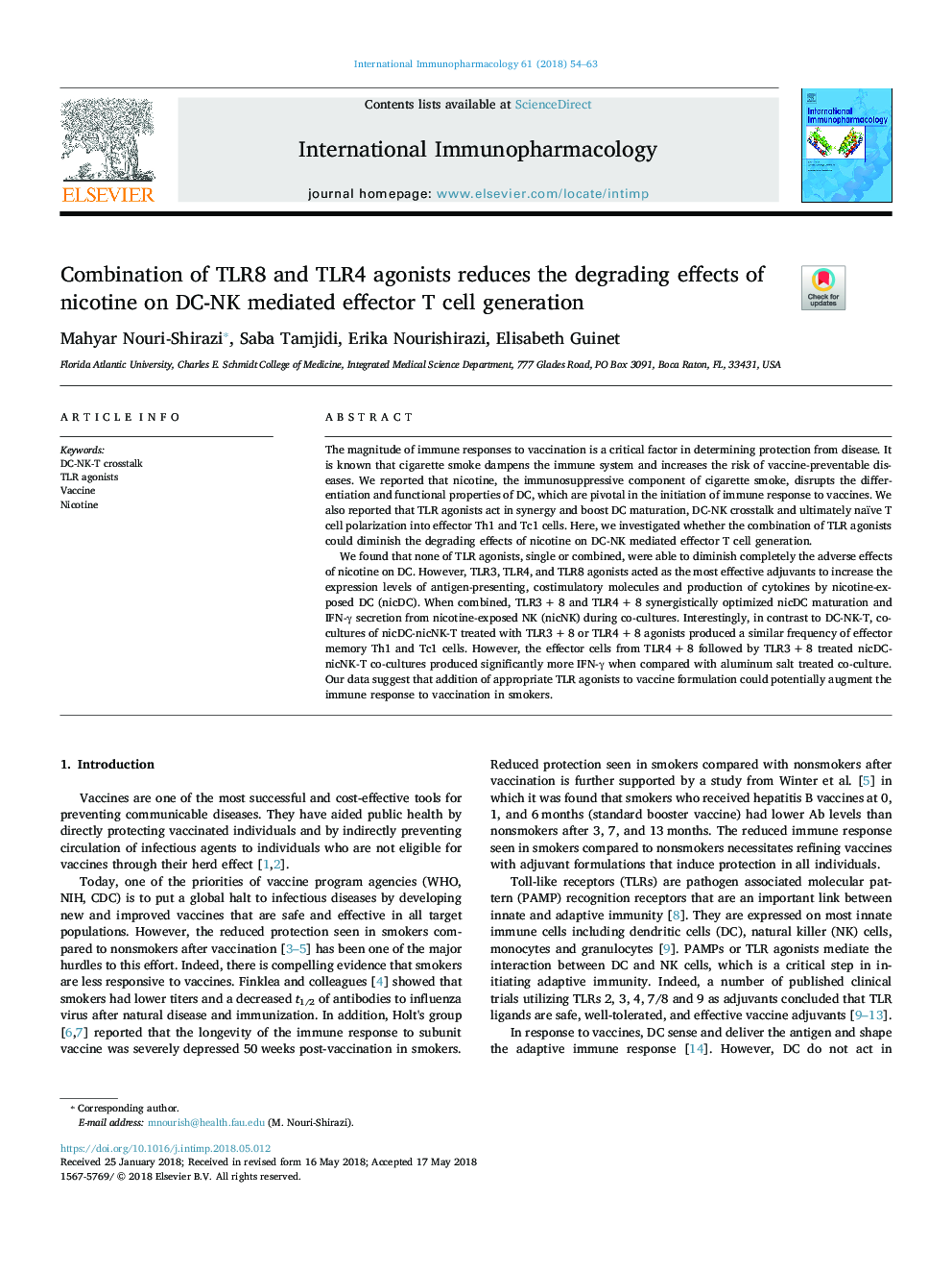 Combination of TLR8 and TLR4 agonists reduces the degrading effects of nicotine on DC-NK mediated effector T cell generation