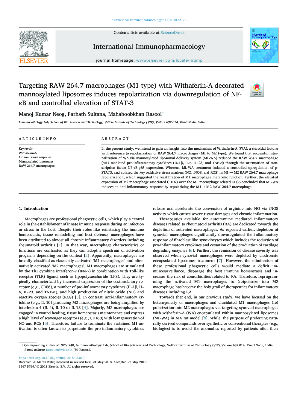 Targeting RAW 264.7 macrophages (M1 type) with Withaferin-A decorated mannosylated liposomes induces repolarization via downregulation of NF-ÎºB and controlled elevation of STAT-3