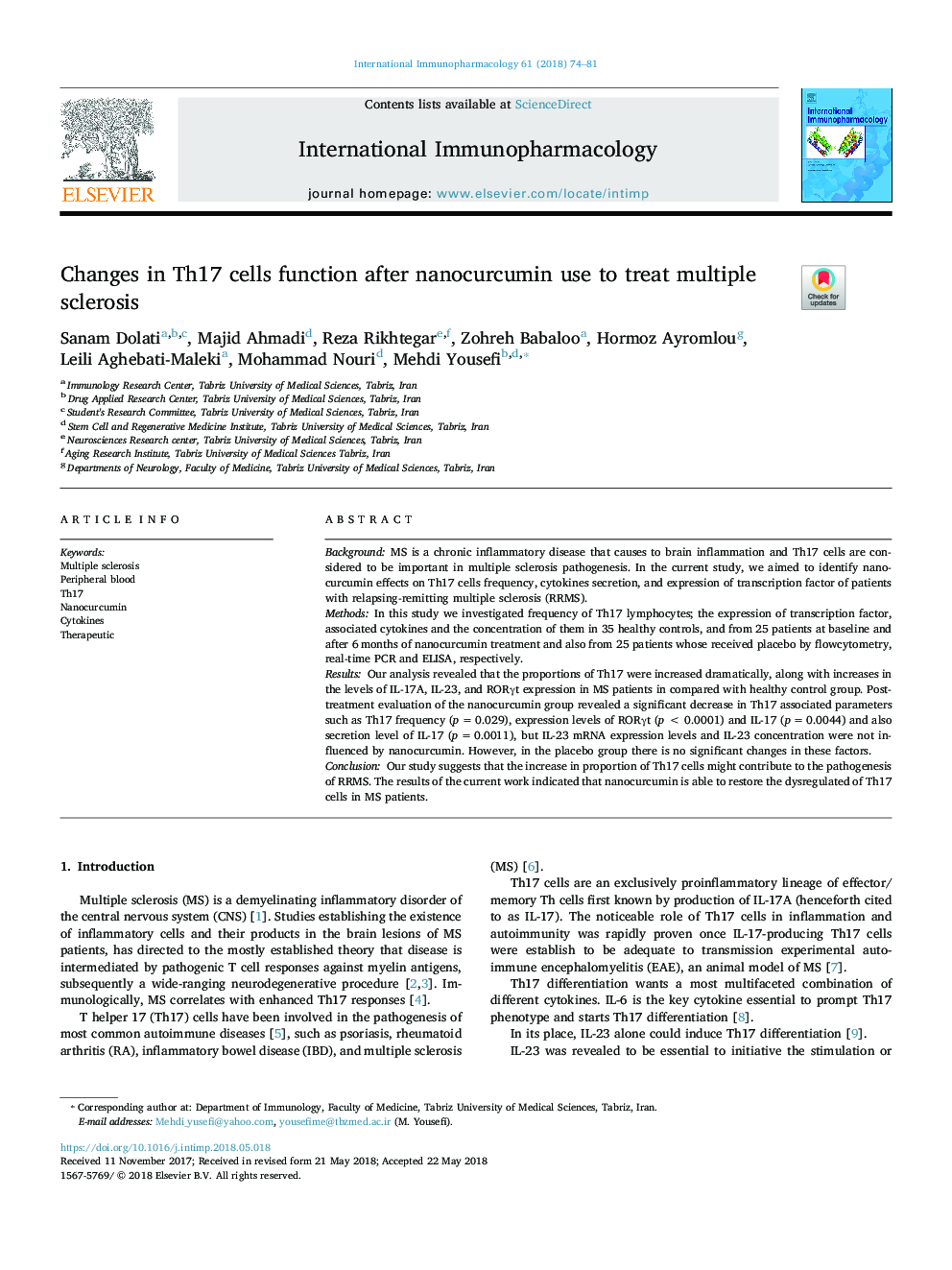 Changes in Th17 cells function after nanocurcumin use to treat multiple sclerosis