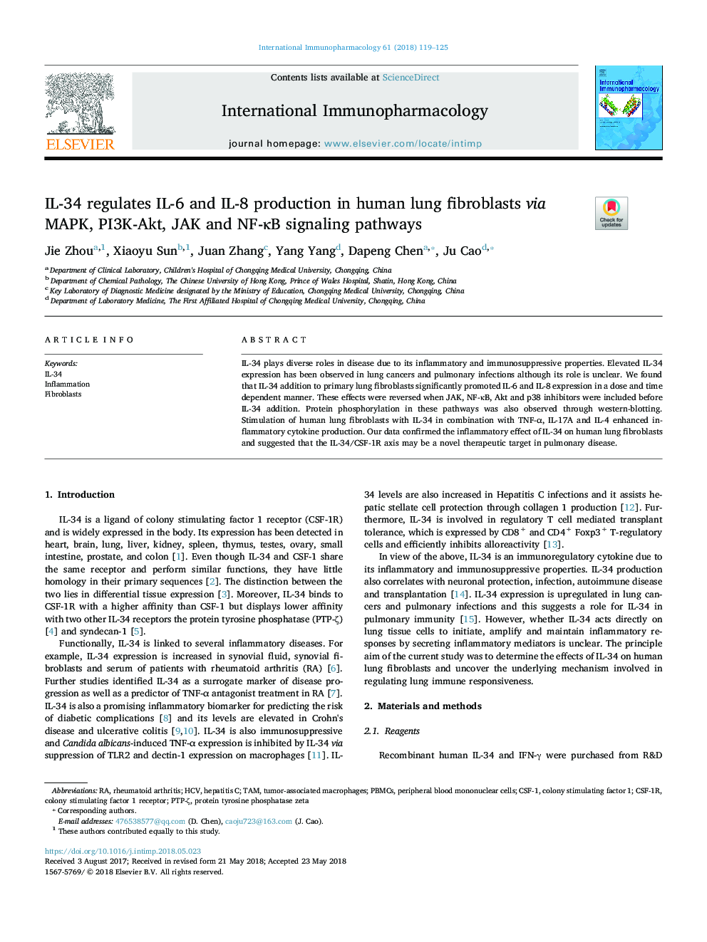 IL-34 regulates IL-6 and IL-8 production in human lung fibroblasts via MAPK, PI3K-Akt, JAK and NF-ÎºB signaling pathways