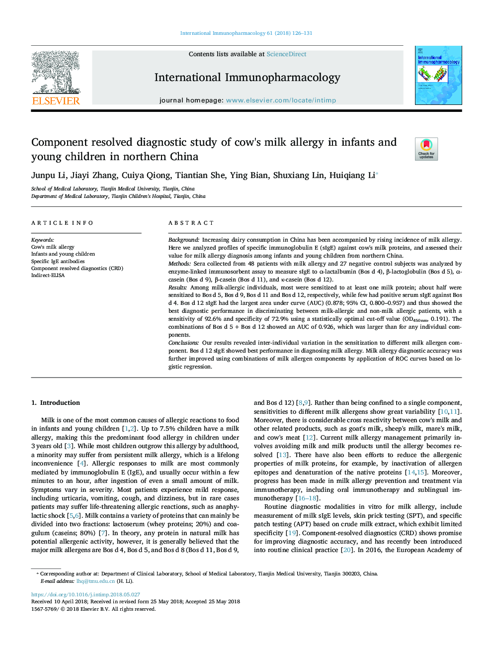 Component resolved diagnostic study of cow's milk allergy in infants and young children in northern China