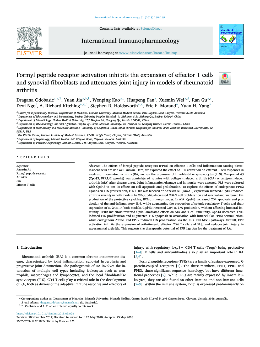 Formyl peptide receptor activation inhibits the expansion of effector T cells and synovial fibroblasts and attenuates joint injury in models of rheumatoid arthritis