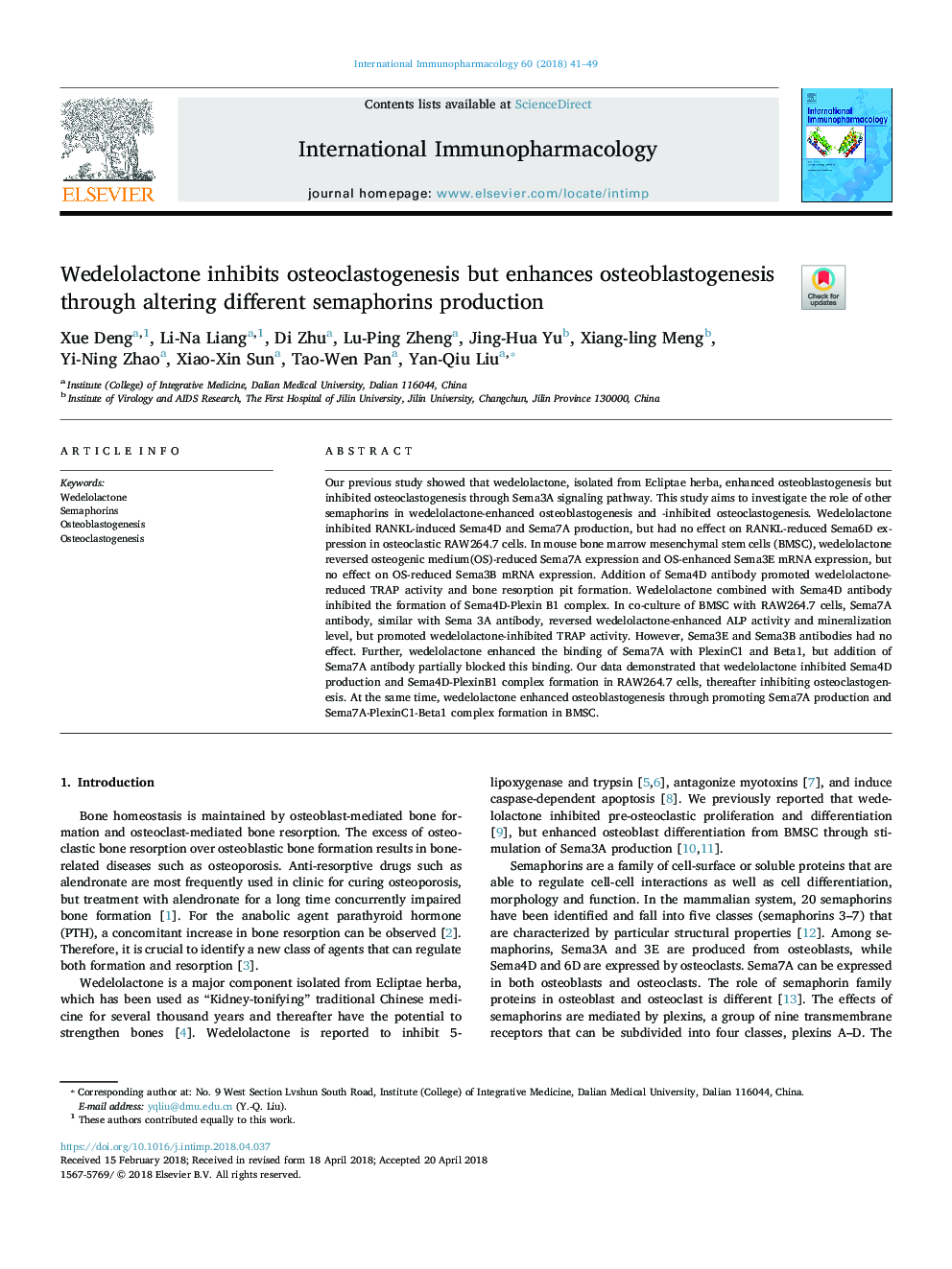 Wedelolactone inhibits osteoclastogenesis but enhances osteoblastogenesis through altering different semaphorins production