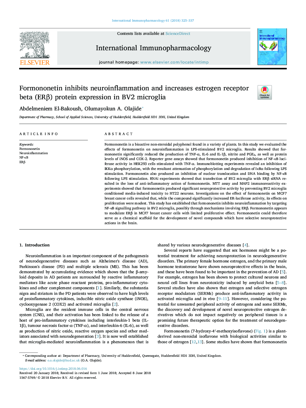 Formononetin inhibits neuroinflammation and increases estrogen receptor beta (ERÎ²) protein expression in BV2 microglia