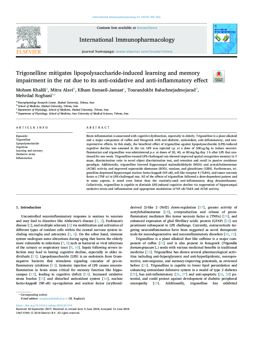 Trigonelline mitigates lipopolysaccharide-induced learning and memory impairment in the rat due to its anti-oxidative and anti-inflammatory effect