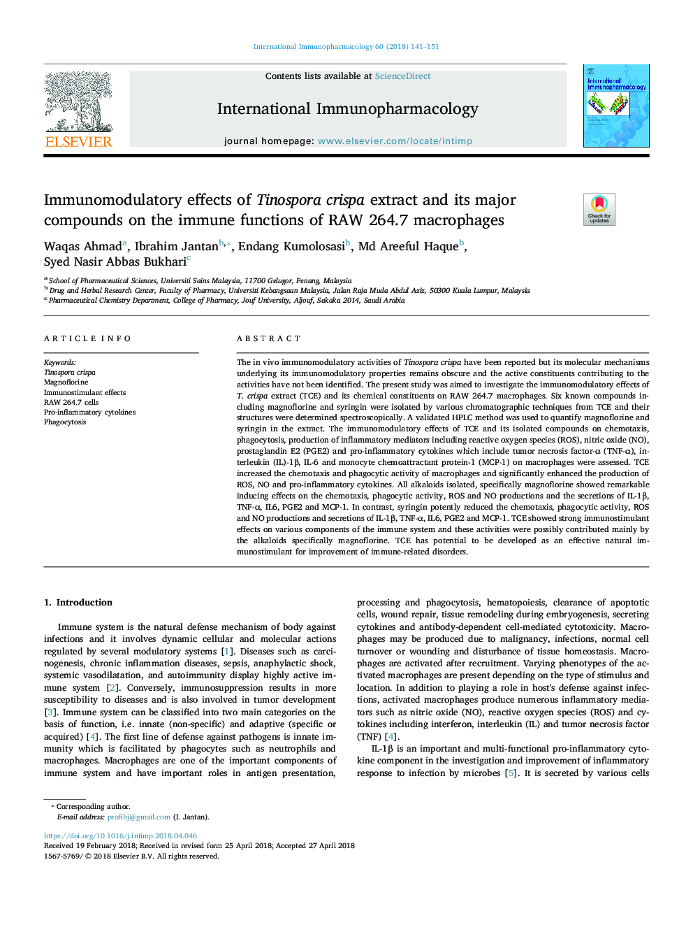 Immunomodulatory effects of Tinospora crispa extract and its major compounds on the immune functions of RAW 264.7 macrophages