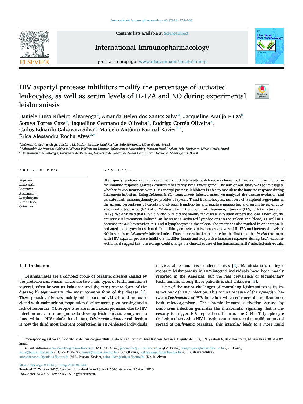 HIV aspartyl protease inhibitors modify the percentage of activated leukocytes, as well as serum levels of IL-17A and NO during experimental leishmaniasis