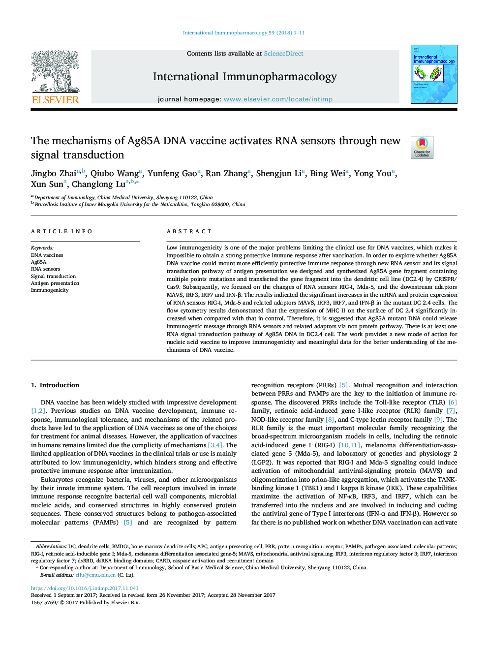 The mechanisms of Ag85A DNA vaccine activates RNA sensors through new signal transduction