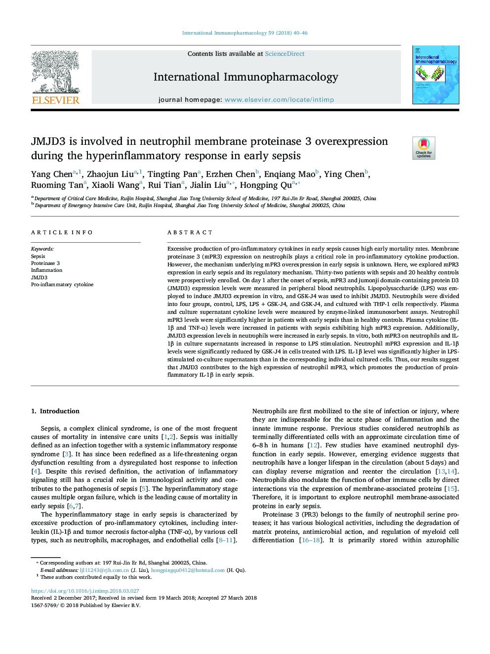 JMJD3 is involved in neutrophil membrane proteinase 3 overexpression during the hyperinflammatory response in early sepsis