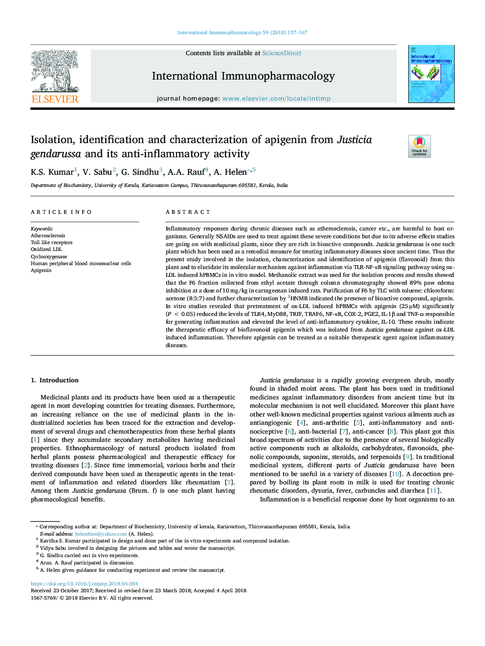 Isolation, identification and characterization of apigenin from Justicia gendarussa and its anti-inflammatory activity