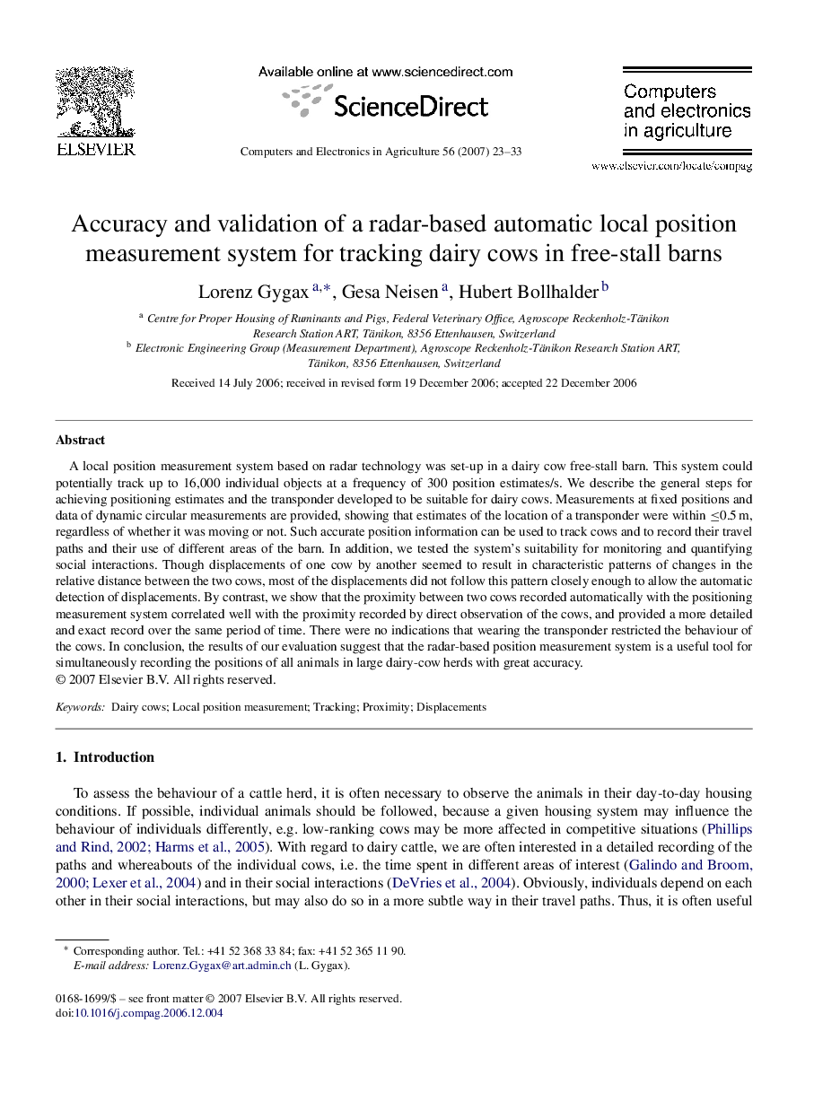 Accuracy and validation of a radar-based automatic local position measurement system for tracking dairy cows in free-stall barns