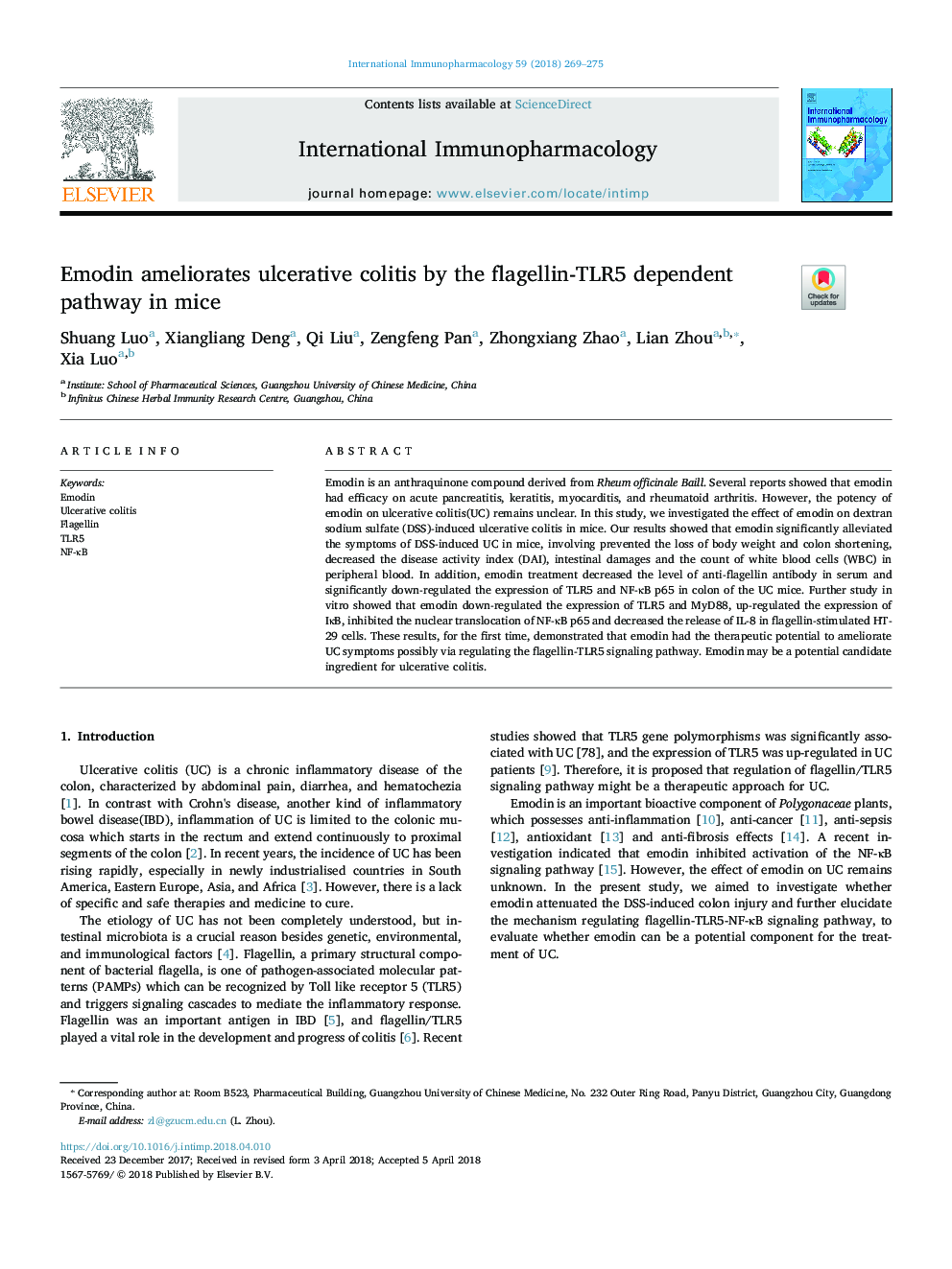 Emodin ameliorates ulcerative colitis by the flagellin-TLR5 dependent pathway in mice