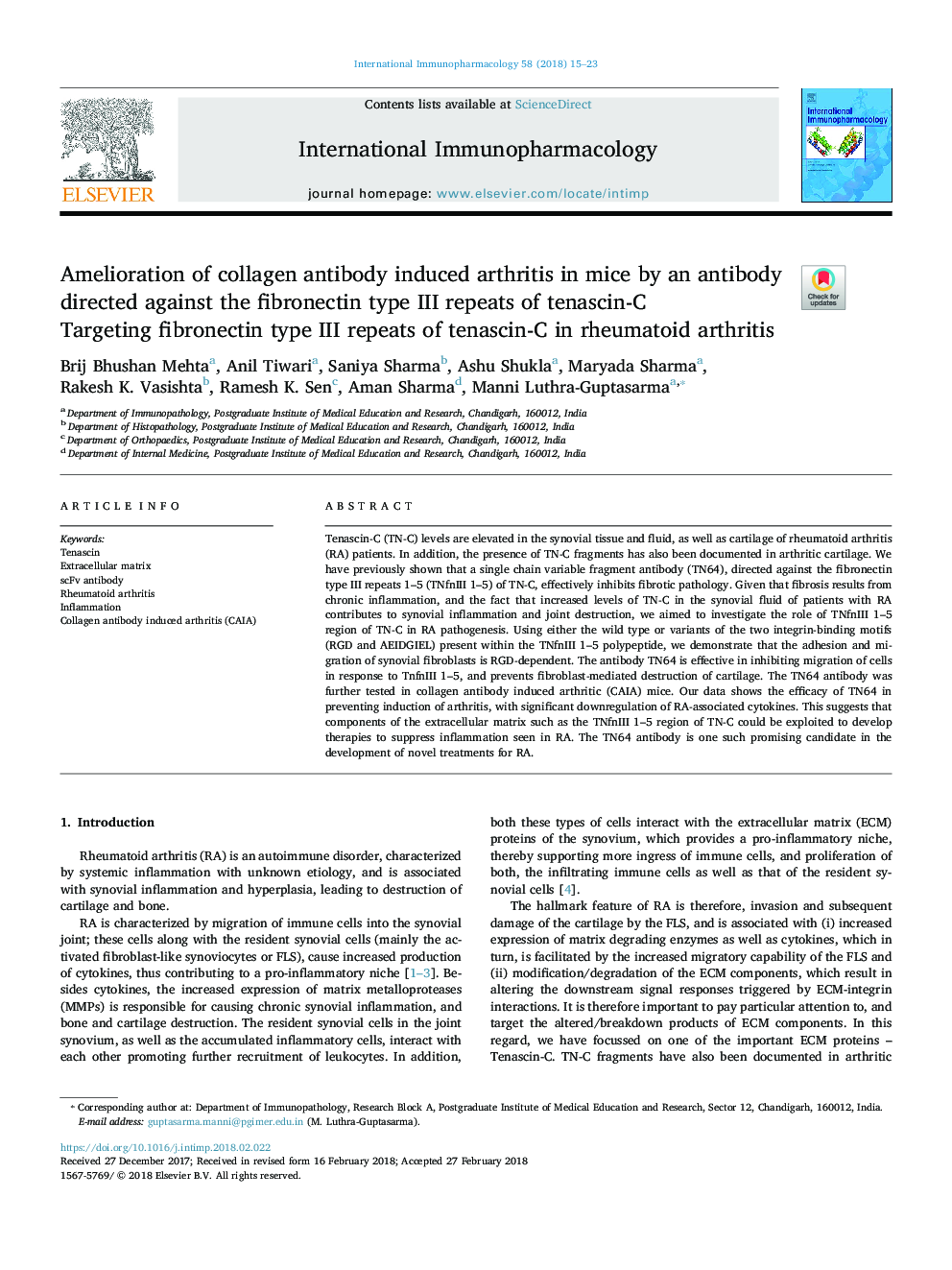 Amelioration of collagen antibody induced arthritis in mice by an antibody directed against the fibronectin type III repeats of tenascin-C