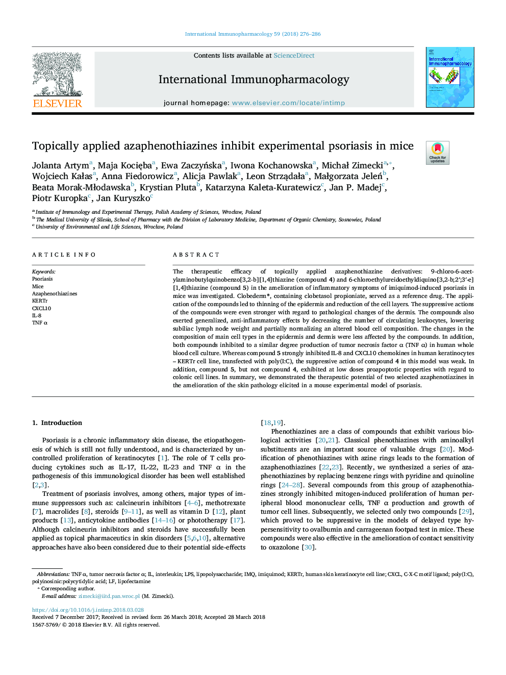 Topically applied azaphenothiazines inhibit experimental psoriasis in mice