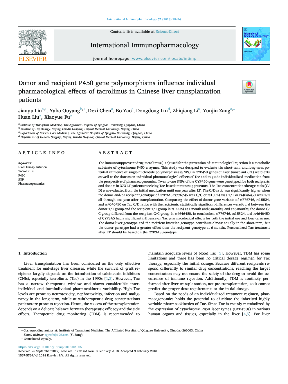 Donor and recipient P450 gene polymorphisms influence individual pharmacological effects of tacrolimus in Chinese liver transplantation patients