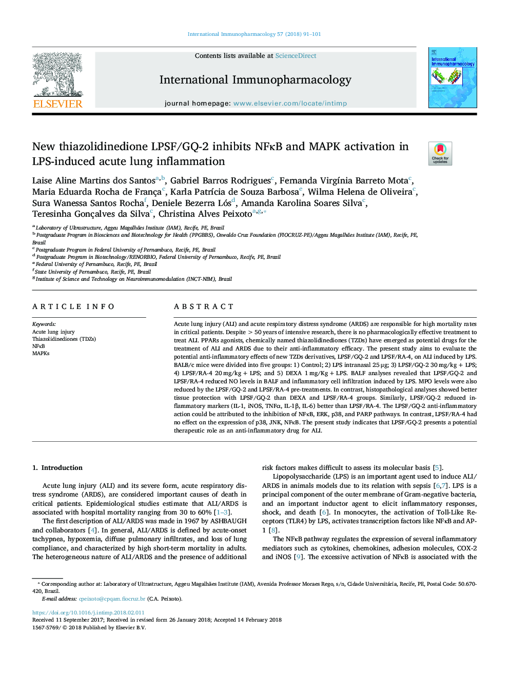 New thiazolidinedione LPSF/GQ-2 inhibits NFÎºB and MAPK activation in LPS-induced acute lung inflammation