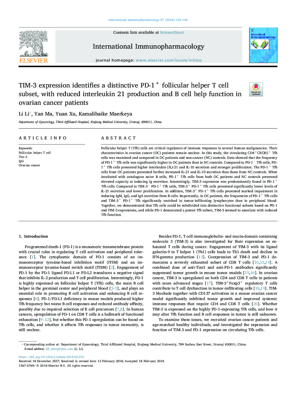 TIM-3 expression identifies a distinctive PD-1+ follicular helper T cell subset, with reduced interleukin 21 production and B cell help function in ovarian cancer patients