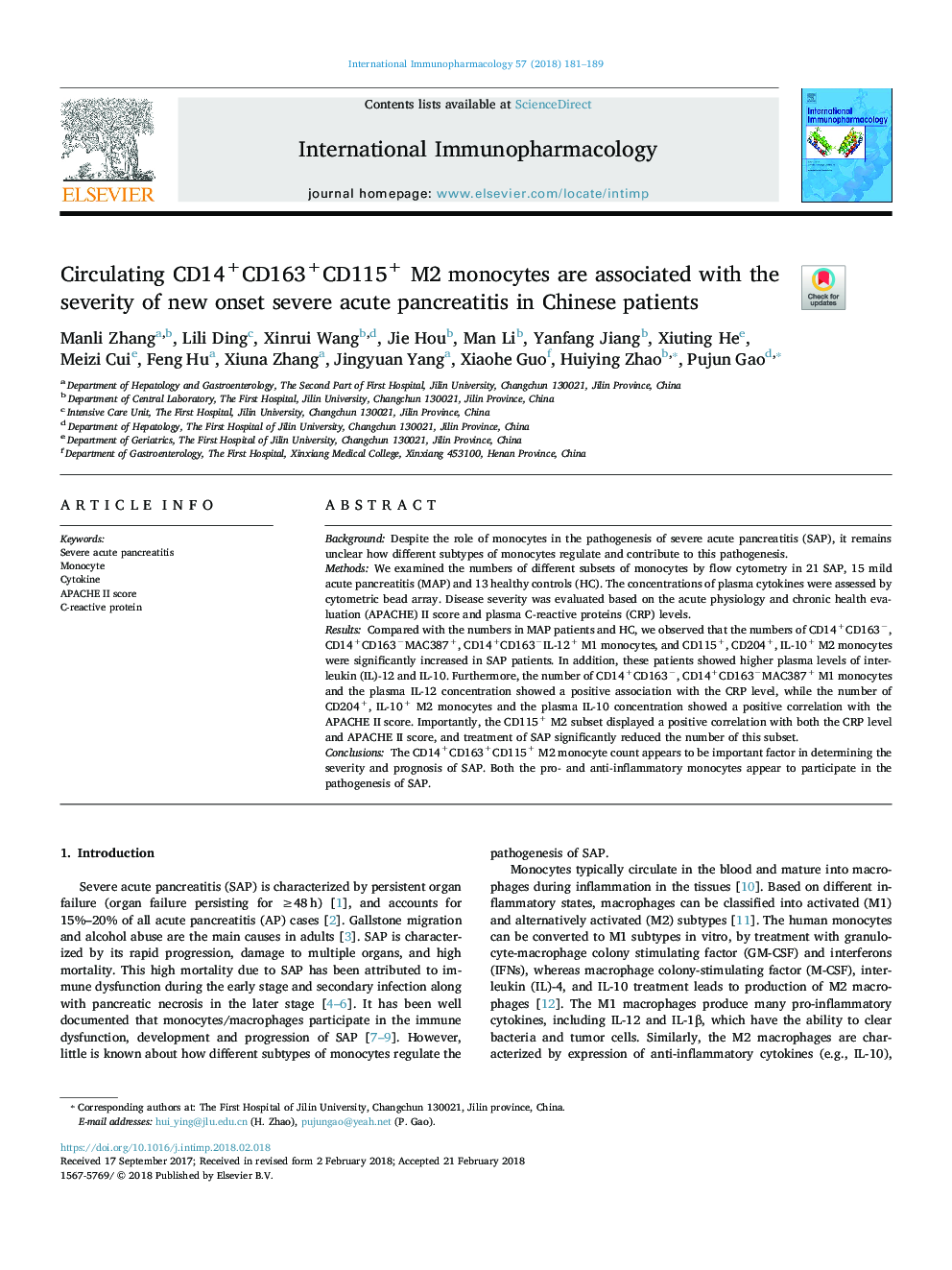 Circulating CD14+CD163+CD115+ M2 monocytes are associated with the severity of new onset severe acute pancreatitis in Chinese patients