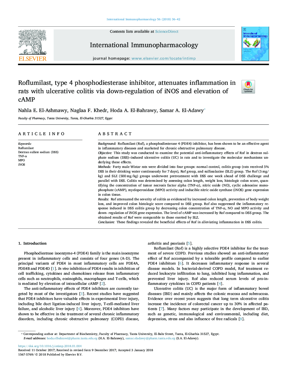 Roflumilast, type 4 phosphodiesterase inhibitor, attenuates inflammation in rats with ulcerative colitis via down-regulation of iNOS and elevation of cAMP