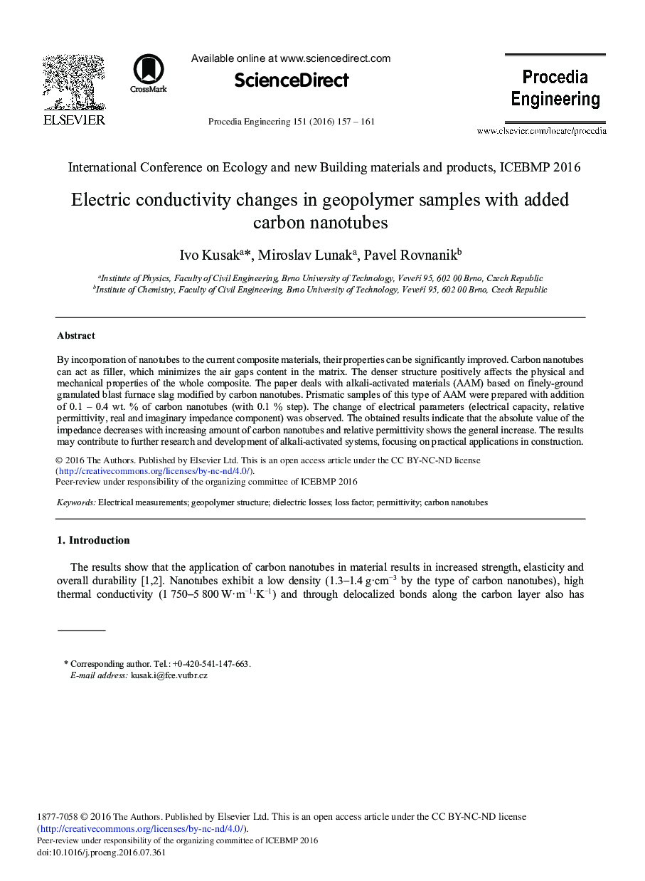 Electric Conductivity Changes in Geopolymer Samples with Added Carbon Nanotubes 