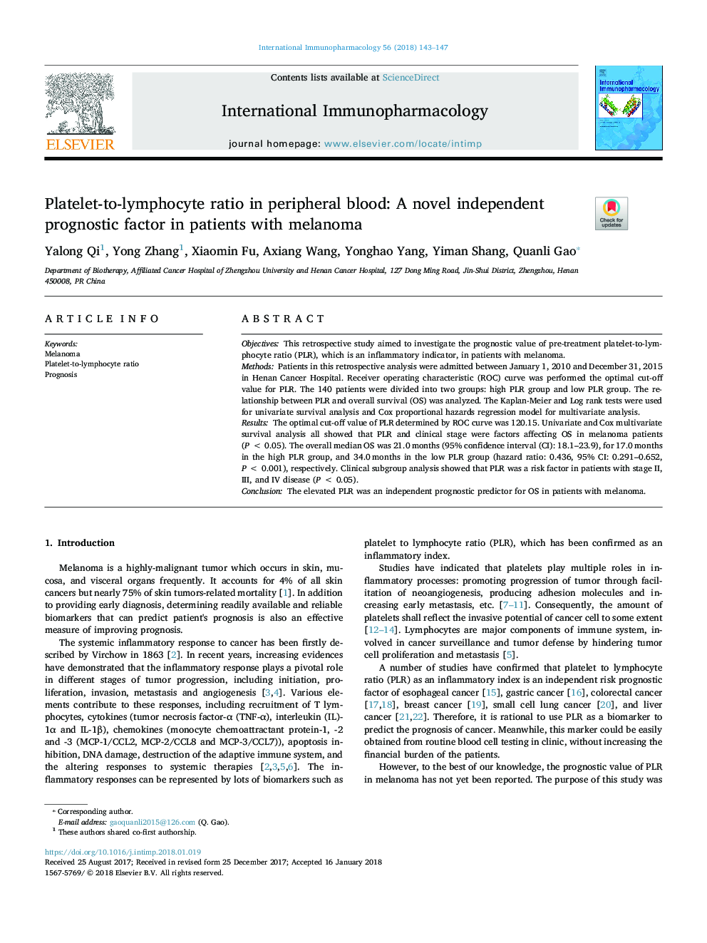 Platelet-to-lymphocyte ratio in peripheral blood: A novel independent prognostic factor in patients with melanoma