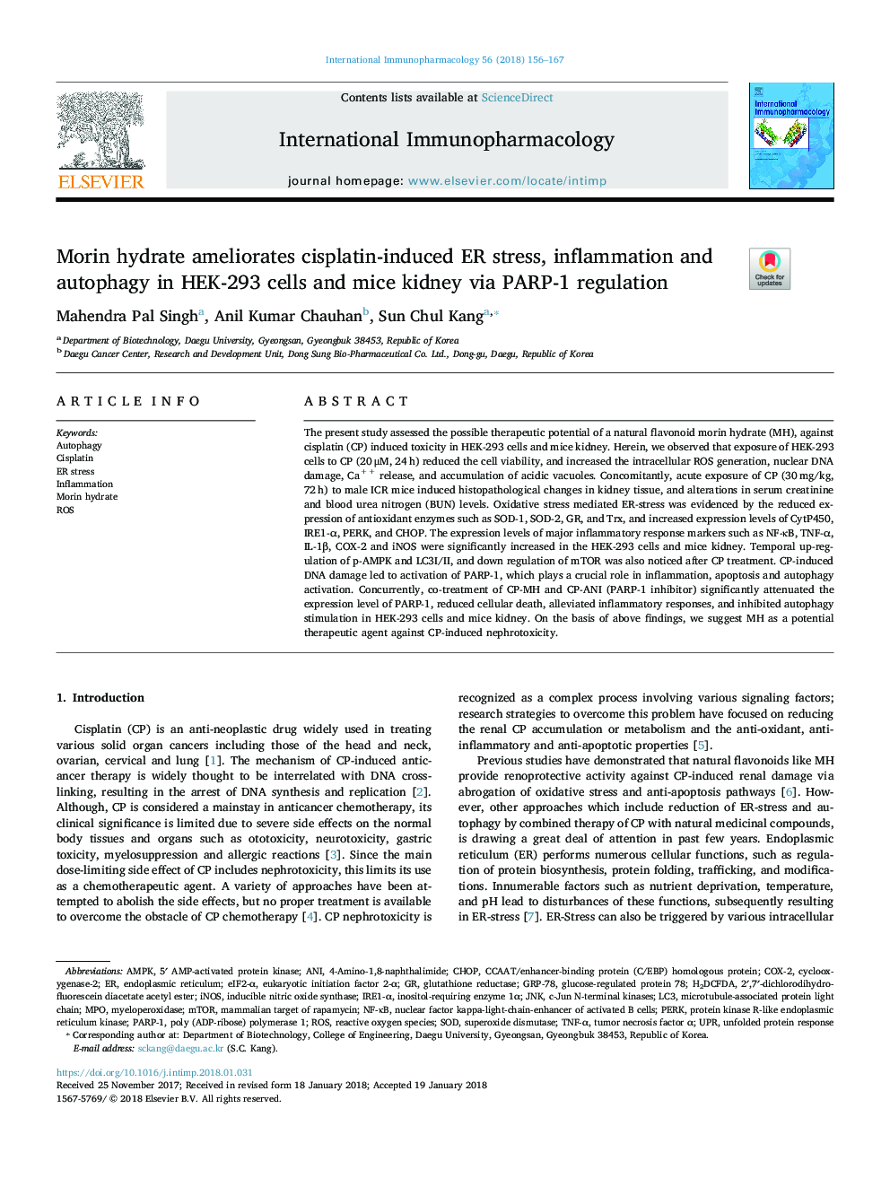 Morin hydrate ameliorates cisplatin-induced ER stress, inflammation and autophagy in HEK-293 cells and mice kidney via PARP-1 regulation