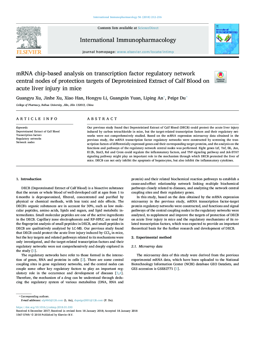 mRNA chip-based analysis on transcription factor regulatory network central nodes of protection targets of Deproteinized Extract of Calf Blood on acute liver injury in mice