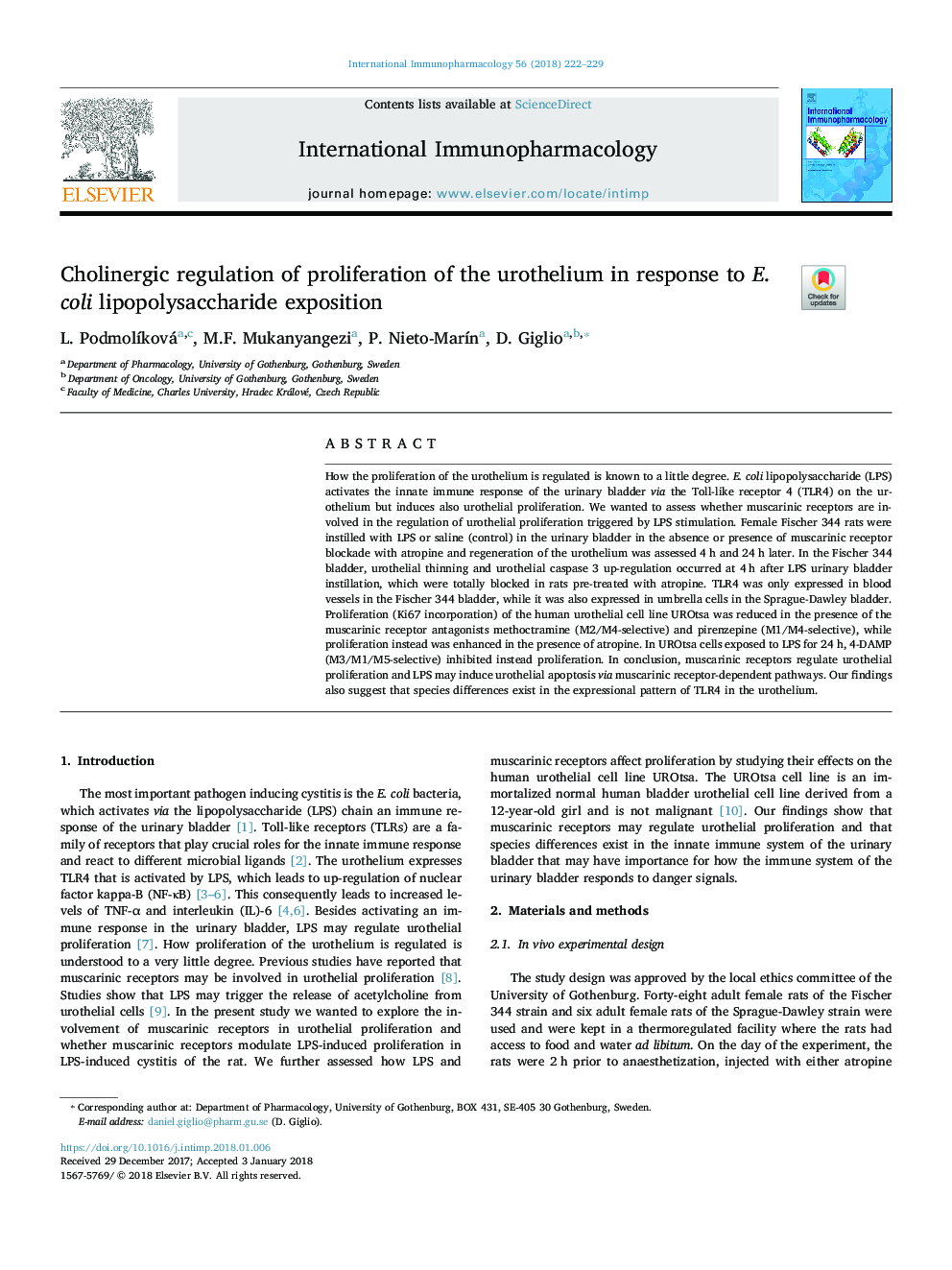 Cholinergic regulation of proliferation of the urothelium in response to E. coli lipopolysaccharide exposition