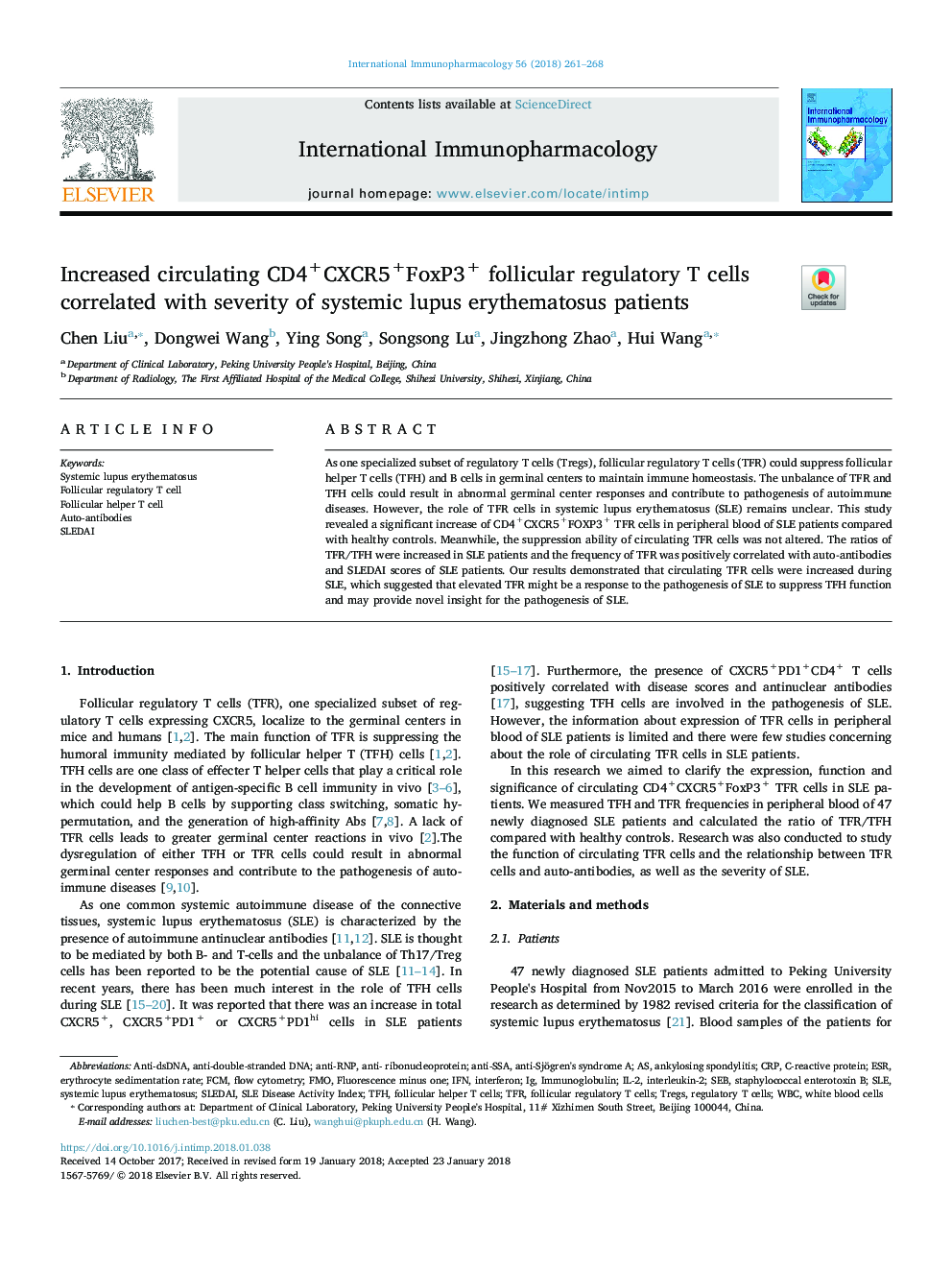 Increased circulating CD4+CXCR5+FoxP3+ follicular regulatory T cells correlated with severity of systemic lupus erythematosus patients