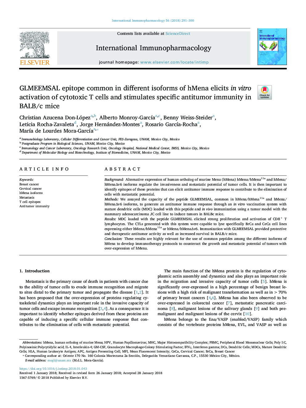 GLMEEMSAL epitope common in different isoforms of hMena elicits in vitro activation of cytotoxic T cells and stimulates specific antitumor immunity in BALB/c mice