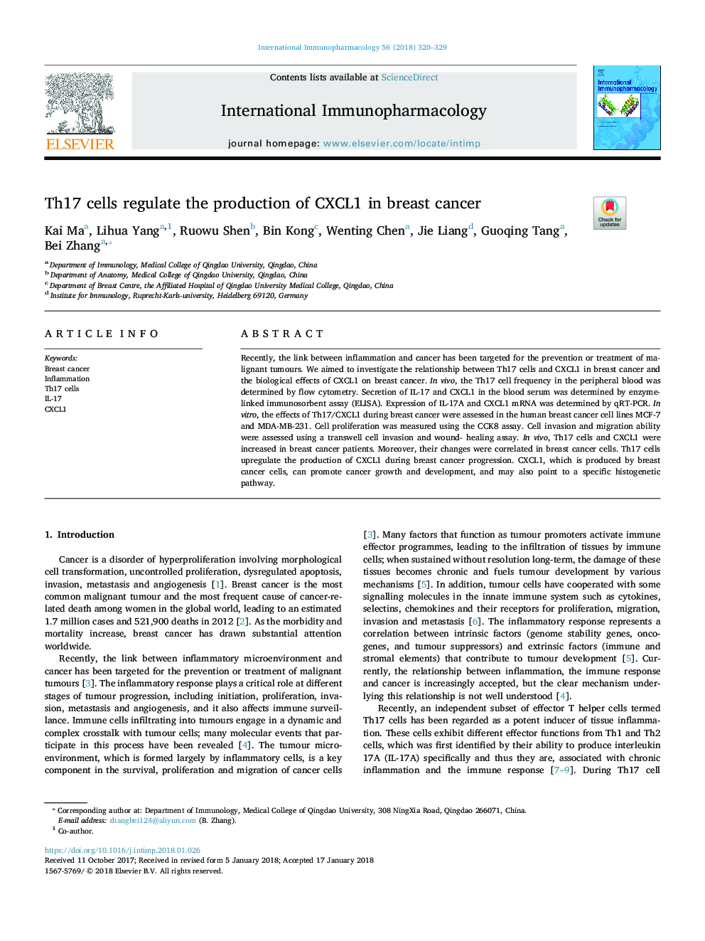 Th17 cells regulate the production of CXCL1 in breast cancer