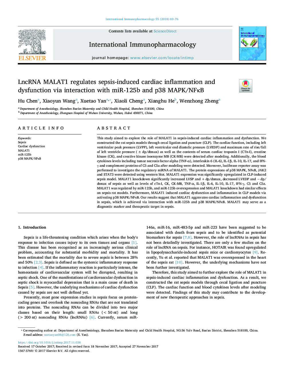 LncRNA MALAT1 regulates sepsis-induced cardiac inflammation and dysfunction via interaction with miR-125b and p38 MAPK/NFÎºB