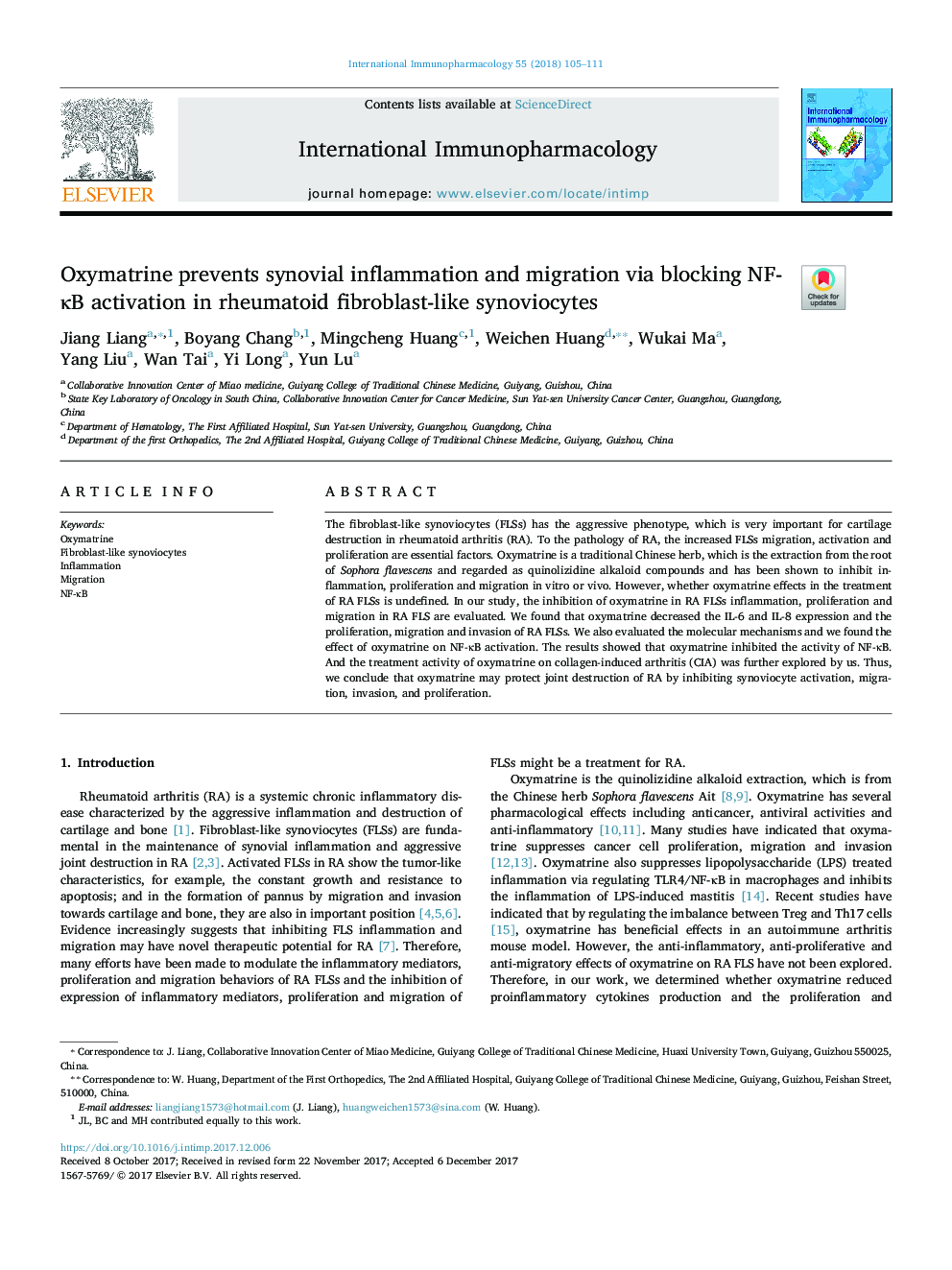 Oxymatrine prevents synovial inflammation and migration via blocking NF-ÎºB activation in rheumatoid fibroblast-like synoviocytes