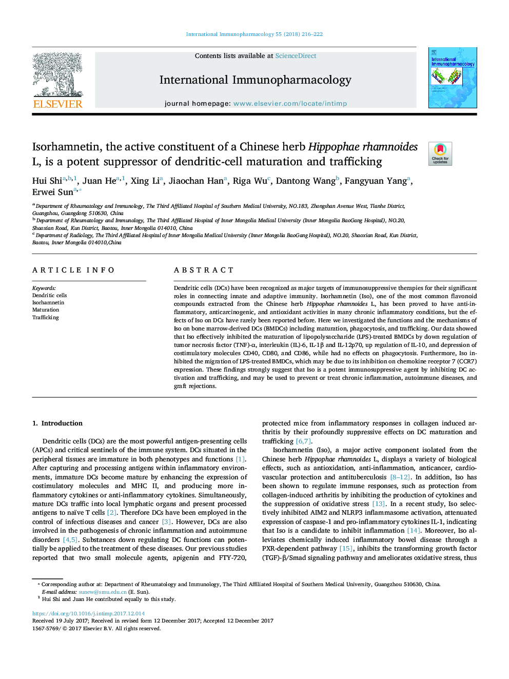 Isorhamnetin, the active constituent of a Chinese herb Hippophae rhamnoides L, is a potent suppressor of dendritic-cell maturation and trafficking