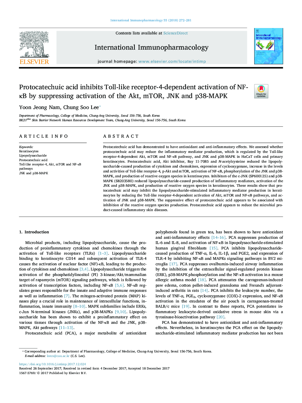 Protocatechuic acid inhibits Toll-like receptor-4-dependent activation of NF-ÎºB by suppressing activation of the Akt, mTOR, JNK and p38-MAPK