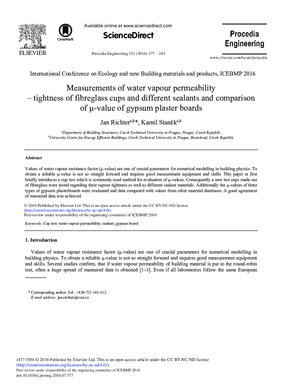 Measurements of Water Vapour Permeability – Tightness of Fibreglass Cups and Different Sealants and Comparison of μ-value of Gypsum Plaster Boards 