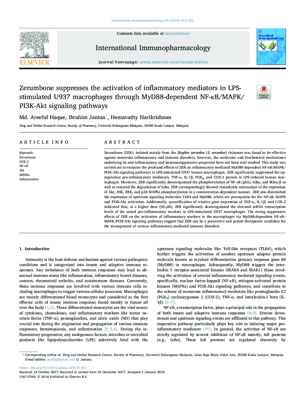 Zerumbone suppresses the activation of inflammatory mediators in LPS-stimulated U937 macrophages through MyD88-dependent NF-ÎºB/MAPK/PI3K-Akt signaling pathways