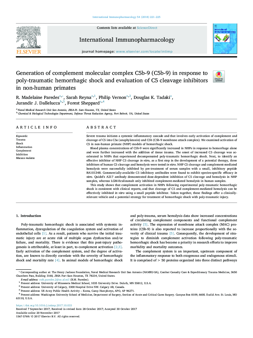 Generation of complement molecular complex C5b-9 (C5b-9) in response to poly-traumatic hemorrhagic shock and evaluation of C5 cleavage inhibitors in non-human primates