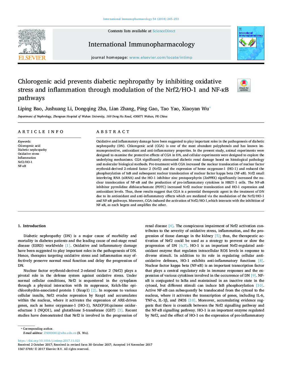 Chlorogenic acid prevents diabetic nephropathy by inhibiting oxidative stress and inflammation through modulation of the Nrf2/HO-1 and NF-Ä¸B pathways