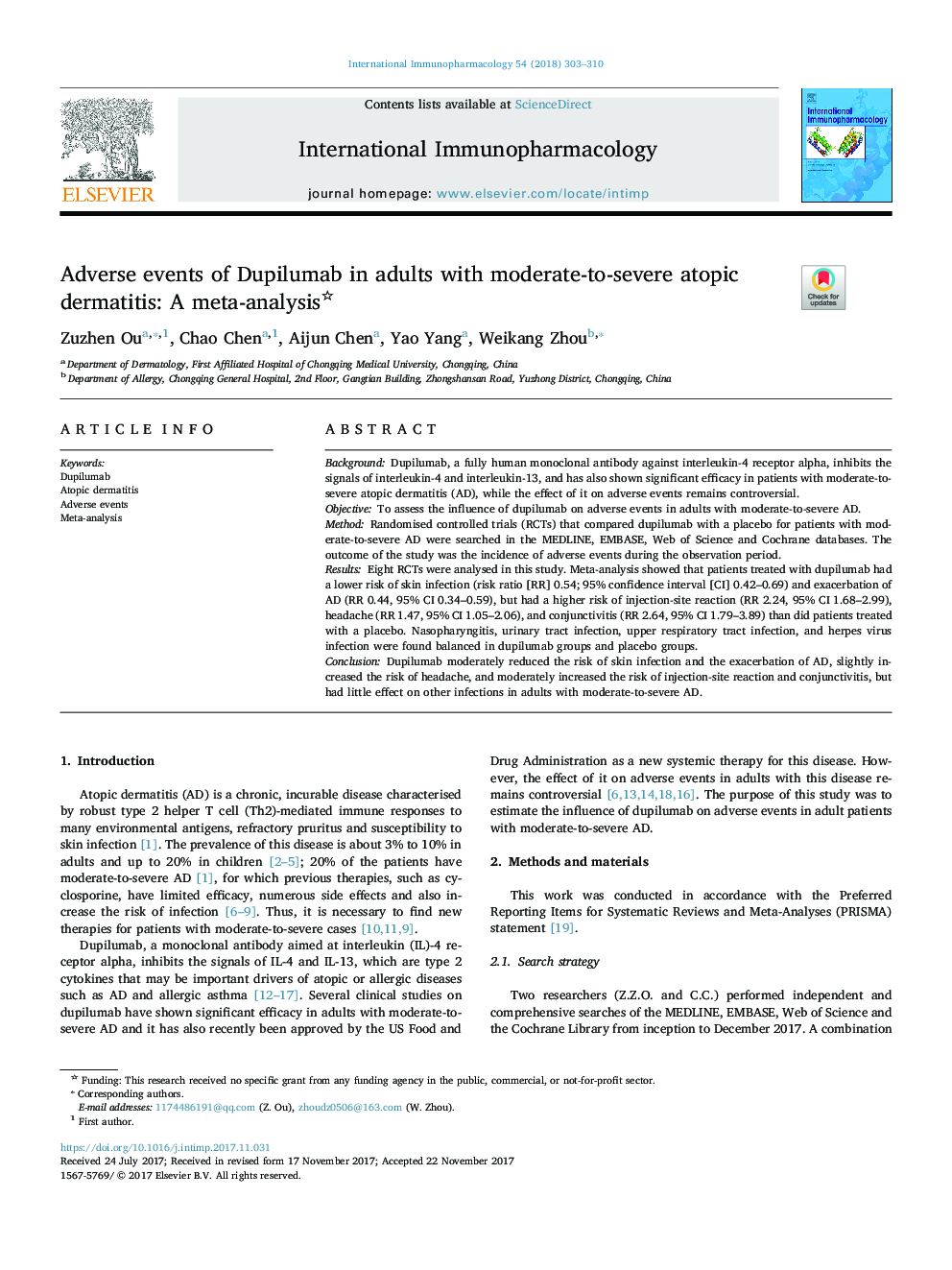 Adverse events of Dupilumab in adults with moderate-to-severe atopic dermatitis: A meta-analysis