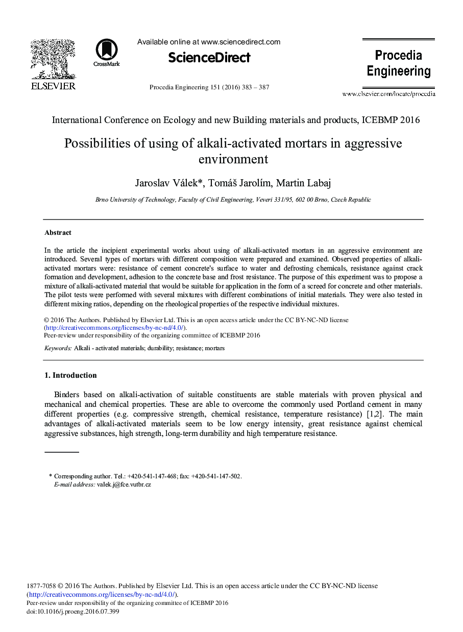 Possibilities of Using of Alkali-activated Mortars in Aggressive Environment 