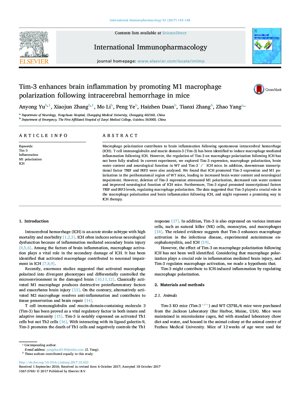 Tim-3 enhances brain inflammation by promoting M1 macrophage polarization following intracerebral hemorrhage in mice