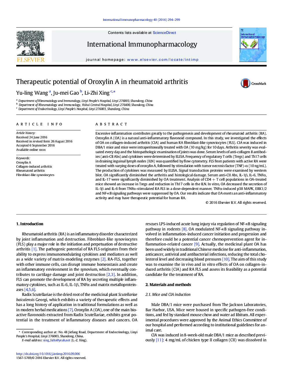 Therapeutic potential of Oroxylin A in rheumatoid arthritis