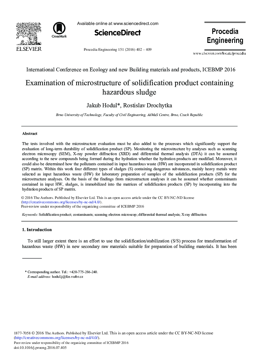 Examination of Microstructure of Solidification Product Containing Hazardous Sludge 