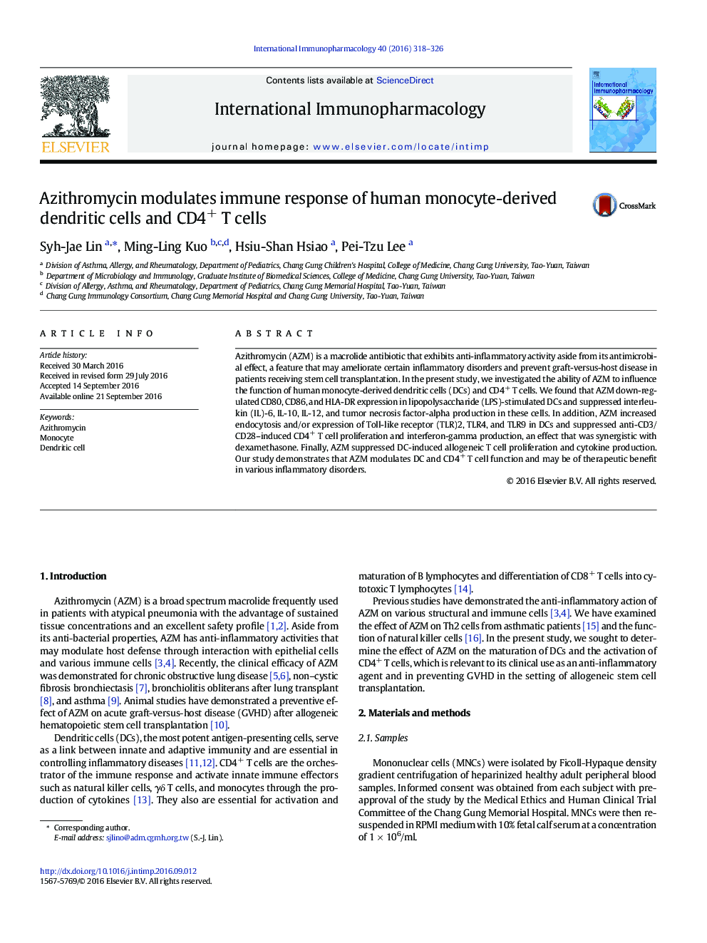 Azithromycin modulates immune response of human monocyte-derived dendritic cells and CD4+ T cells